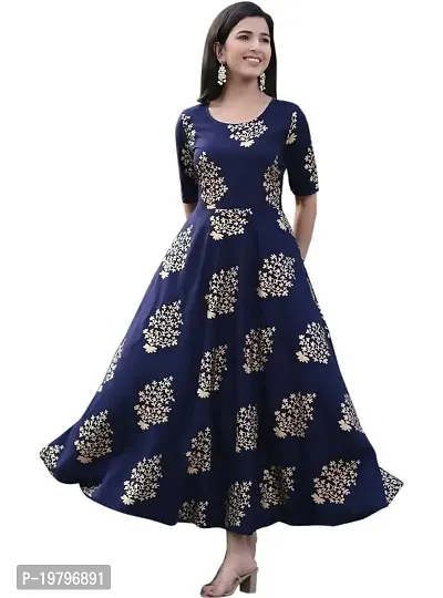 Kanika's Women's Solid Placement Printed Full Long Gown Dress Kurti for Casual and Work wear for Women and Girls (Blue)