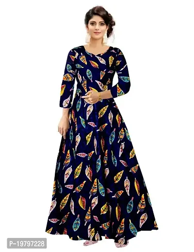 Kanika's Women Printed Gown Kurta Rayon Printed Maxi Long Gown Dblue Dress (XX-Large)