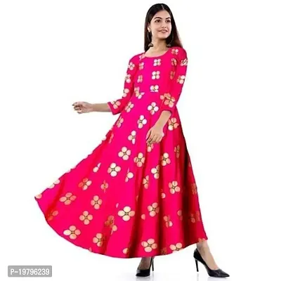 Krishna Women Printed Gown Kurta Rayon Printed Long Gown Multicolor Dress (Medium) Pink-thumb3