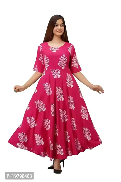 Kanika's Women's Solid Placement Printed Full Long Gown Dress Kurti for Casual and Work wear for Women and Girls (Pink) (X-Large)