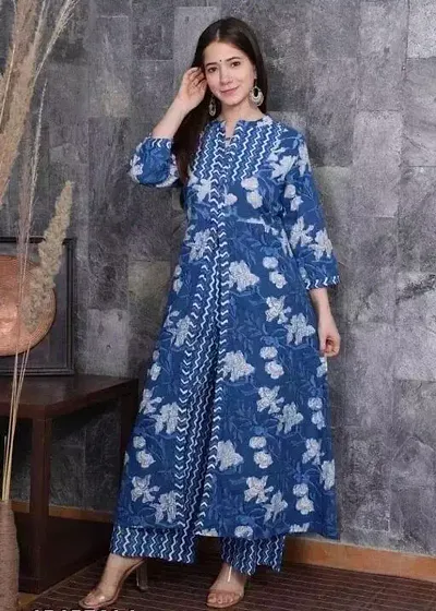 Cotton Blue Kurta Bottom Set