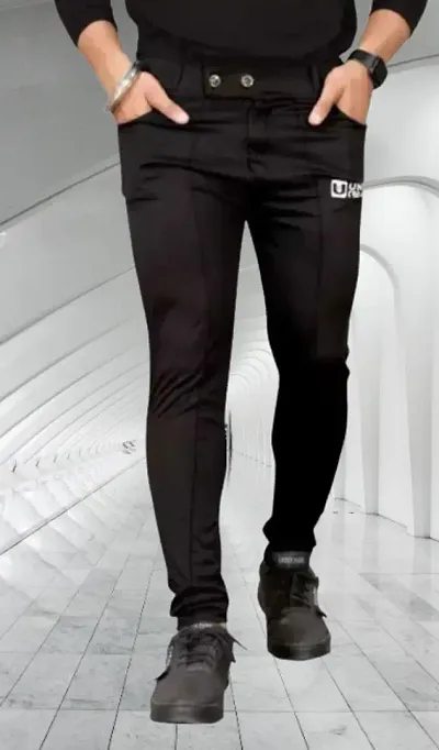 Lycra Black Regular Track Pant For Men
