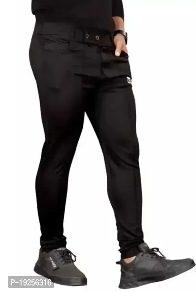 Black Polyester Blend Regular Track Pants For Men