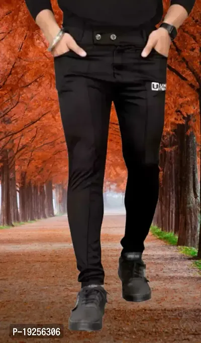 Black Polyester Blend Regular Track Pants For Men