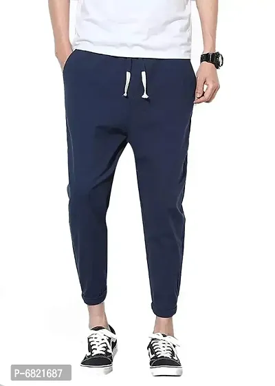 Navy Blue Cotton Blend Regular Track Pants For Men