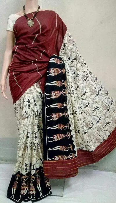 Cotton Kalamkari Printed Half and Half Sarees with Blouse piece
