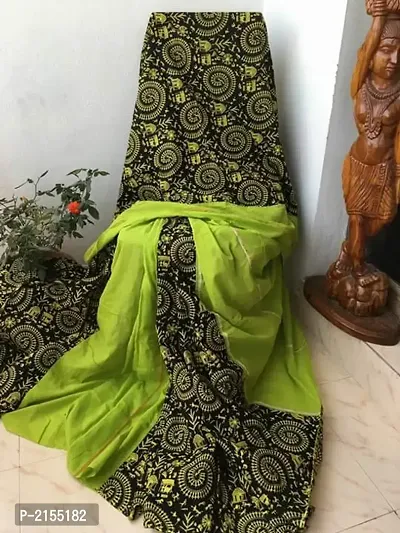 Stylish Green Printed Cotton Saree With Blouse Piece