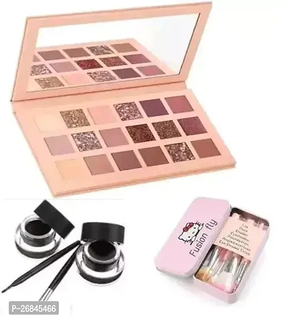 Makeup Beauty Eye Shadow Palette and Black and Brown Gel Eye Liner and Set Of 7 Makeup Brush(3 Items In The Set)