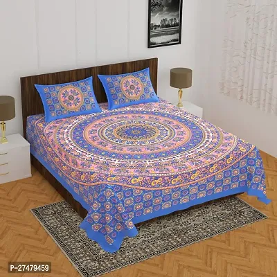 Comfortable Blue Cotton Queen 1 Bedsheet + 2 Pillowcovers