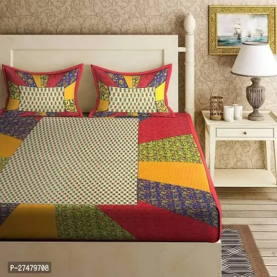 Comfortable Multicoloured Cotton Double 1 Bedsheet + 2 Pillowcovers-thumb0