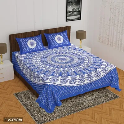 Comfortable Blue Cotton Queen 1 Bedsheet + 2 Pillowcovers-thumb0