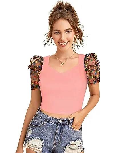 Solid Crop Top with Net Puff Sleeve