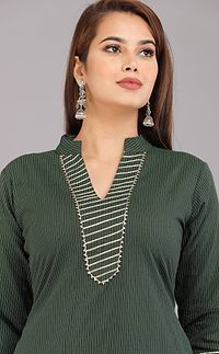 Women Green Striped Flared Sleeves Thead Work Dobby Kurta-thumb2