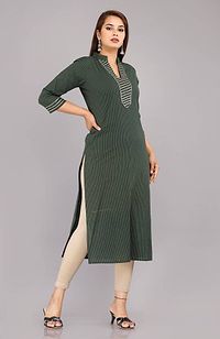 Women Green Striped Flared Sleeves Thead Work Dobby Kurta-thumb1