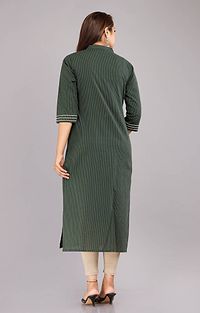 Women Green Striped Flared Sleeves Thead Work Dobby Kurta-thumb4