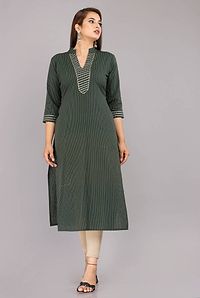 Women Green Striped Flared Sleeves Thead Work Dobby Kurta-thumb3