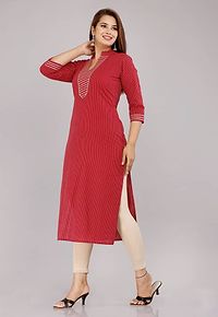 Women Red Striped Flared Sleeves Thead Work Dobby Kurta-thumb2