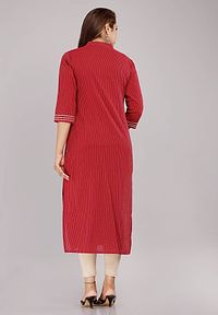 Women Red Striped Flared Sleeves Thead Work Dobby Kurta-thumb4