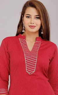 Women Red Striped Flared Sleeves Thead Work Dobby Kurta-thumb3