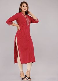 Women Red Striped Flared Sleeves Thead Work Dobby Kurta-thumb1