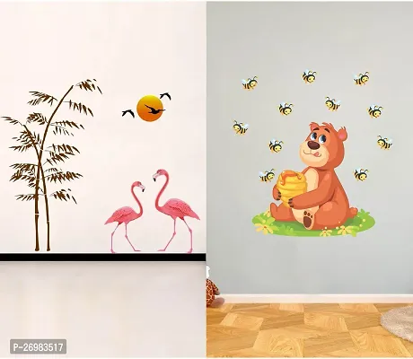 Beautiful 50 Cm Wall Stickers For Decor Bear With Honey And Sunset Swan Love Self Adhesive Sticker (Pack Of 2)