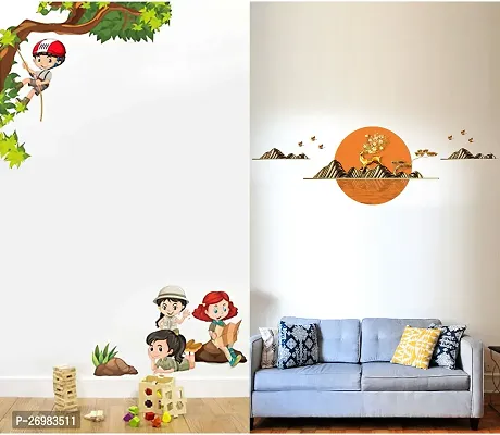 Beautiful 50 Cm Wall Stickers For Decor Golden Deer With Birds And Kids Activity Self Adhesive Sticker (Pack Of 2)