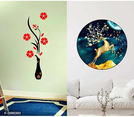 Beautiful 50 Cm Wall Stickers For Decor Golden Deer And Vase Red Self Adhesive Sticker (Pack Of 2)-thumb0