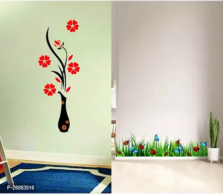 Beautiful 50 Cm Wall Stickers For Decor Beetle In Grass And Vase Red Self Adhesive Sticker (Pack Of 2)