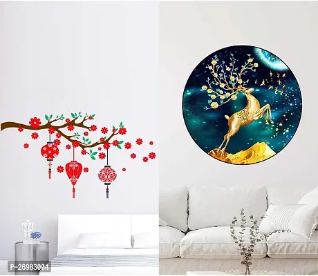 Beautiful 50 Cm Wall Stickers For Decor Golden Deer And Red With Lantern Self Adhesive Sticker (Pack Of 2)