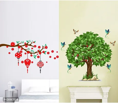 Beautiful 50 Cm Wall Stickers For Decor Green Tree And Red With Lantern Self Adhesive Sticker (Pack Of 2)