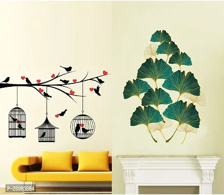 Beautiful 50 Cm Wall Stickers For Decor Golden Green Leafs And Love Birds With Hearts Self Adhesive Sticker (Pack Of 2)