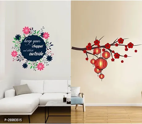 Beautiful 50 Cm Wall Stickers For Decor Branch With Red Lantern And Keep Your Chhapal Self Adhesive Sticker (Pack Of 2)