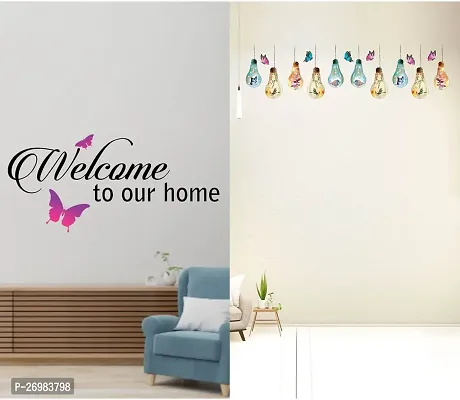 Beautiful 50 Cm Wall Stickers For Decor Bulb With Birds And Welcome Home Butterfly Self Adhesive Sticker (Pack Of 2)