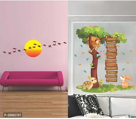 Beautiful 50 Cm Wall Stickers For Decor Calendar Tree And Sunrise With Flying Bird Self Adhesive Sticker (Pack Of 2)