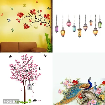 Beautiful 45 Cm Wall Sticker Chinese Flower Hanging Lamp Pink Tree Bird And Nest Royal Peacock Self Adhesive Sticker (Pack Of 4)-thumb0