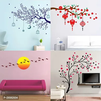 Beautiful 45 Cm Wall Sticker Blue Tree Magical Tree Red Flower And Lantern Sunrise And Flying Bird Self Adhesive Sticker (Pack Of 4)