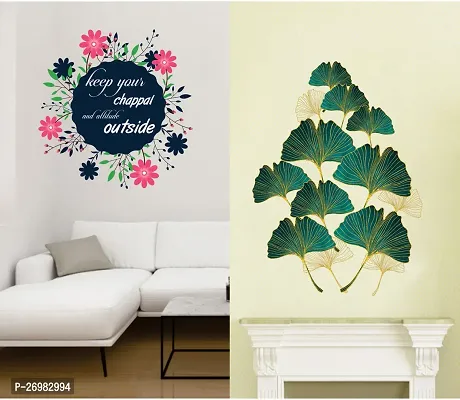 Beautiful 50 Cm Wall Stickers For Decor Golden Green Leafs And Keep Your Chhapal Self Adhesive Sticker (Pack Of 2)-thumb0