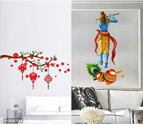 Beautiful 50 Cm Wall Stickers For Decor Follow To Krishna And Red With Lantern Self Adhesive Sticker (Pack Of 2)