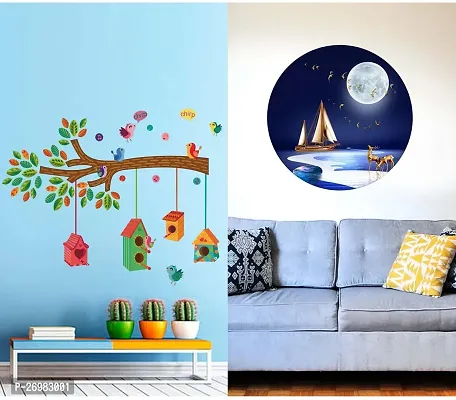 Beautiful 50 Cm Wall Stickers For Decor Full Moon With Boat And Bird House On A Branch Self Adhesive Sticker (Pack Of 2)