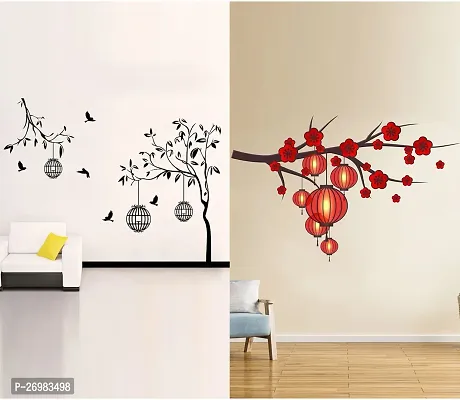 Beautiful 50 Cm Wall Stickers For Decor Branch With Red Lantern And Free Bird Case Black Self Adhesive Sticker (Pack Of 2)