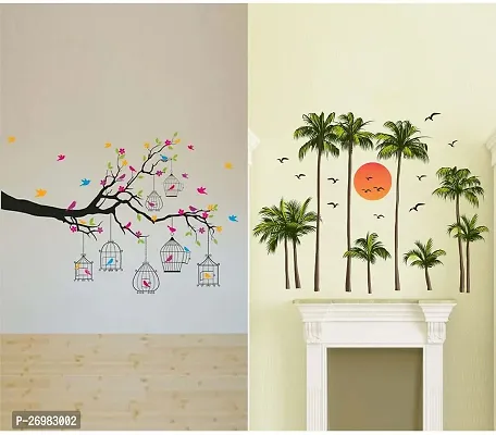 Beautiful 50 Cm Wall Stickers For Decor Coconut Trees With Sun And Branches Withbirds Cages Self Adhesive Sticker (Pack Of 2)