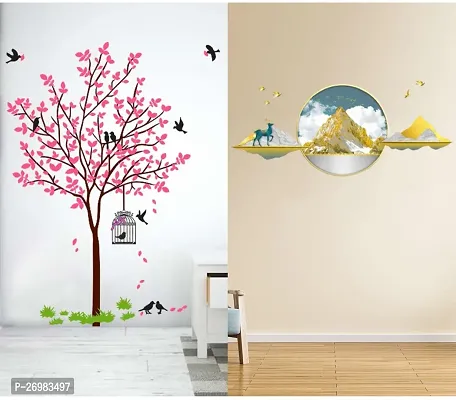 Beautiful 50 Cm Wall Stickers For Decor 3D Mountains And Pink Tree With Bird And Nest Self Adhesive Sticker (Pack Of 2)