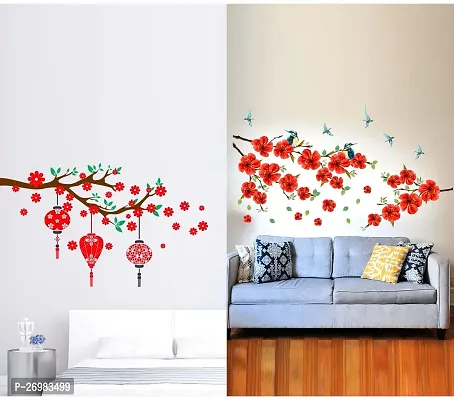 Beautiful 50 Cm Wall Stickers For Decor Branch Of Sakura Blossom And Red With Lantern Self Adhesive Sticker (Pack Of 2)