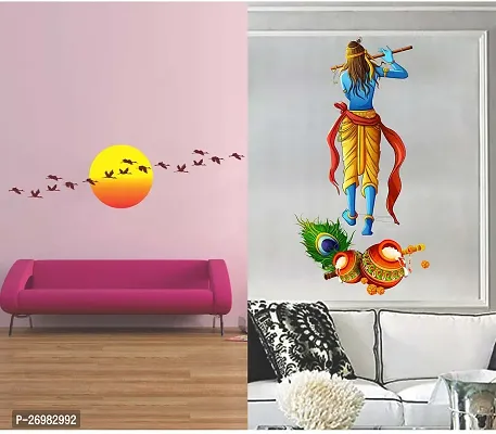 Beautiful 50 Cm Wall Stickers For Decor Follow To Krishna And Sunrise With Flying Bird Self Adhesive Sticker (Pack Of 2)