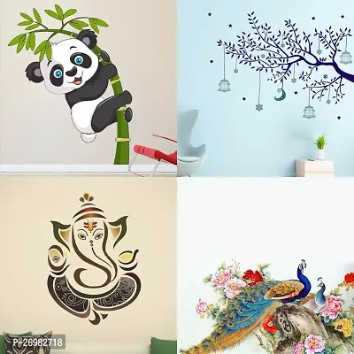 Beautiful 45 Cm Wall Sticker Blue Tree Moon Royal Ganesh Royal Peacock Baby Panda Self Adhesive Sticker (Pack Of 4)