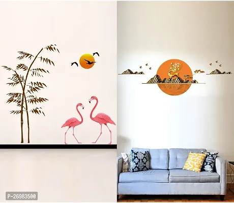 Beautiful 50 Cm Wall Stickers For Decor Golden Deer With Birds And Sunset Swan Love Self Adhesive Sticker (Pack Of 2)-thumb0