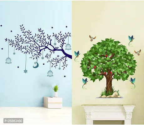 Beautiful 50 Cm Wall Stickers For Decor Green Tree And Blue Tree Moon Self Adhesive Sticker (Pack Of 2)-thumb0