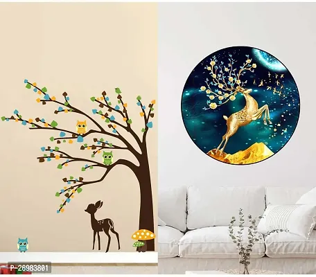 Beautiful 50 Cm Wall Stickers For Decor Golden Deer And Brown Tree Cute Animals Self Adhesive Sticker (Pack Of 2)