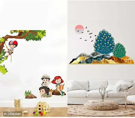 Beautiful 50 Cm Wall Stickers For Decor Deer Tree And Mountains And Kids Activity Self Adhesive Sticker (Pack Of 2)