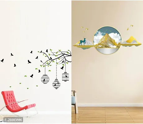 Beautiful 50 Cm Wall Stickers For Decor 3D Mountains And Flying Birds With Case Self Adhesive Sticker (Pack Of 2)